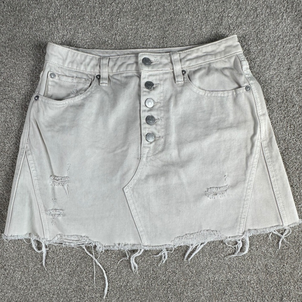 We The Free Women 27 Mini Skirt Cream Distressed Button Fly Raw Hem Boho Grunge